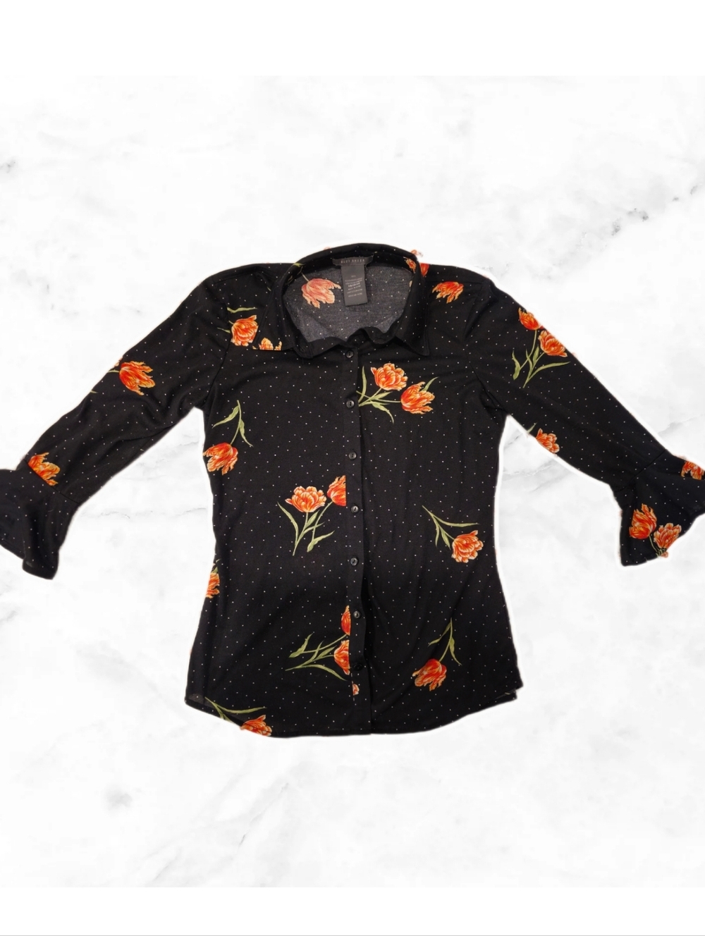 Black Floral Button-Up Shirt with Orange Tulips 🌷